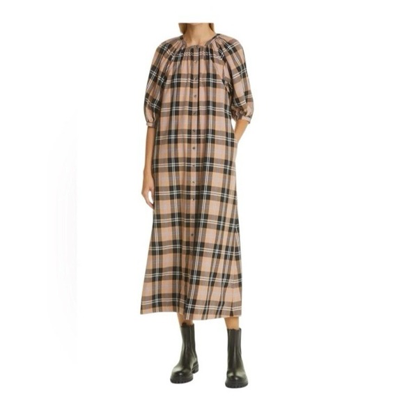 STAUD Dresses & Skirts - STAUD Plaid Cotton Midi Dress Button Front Puff Sleeve Women's Size Medium Tan
